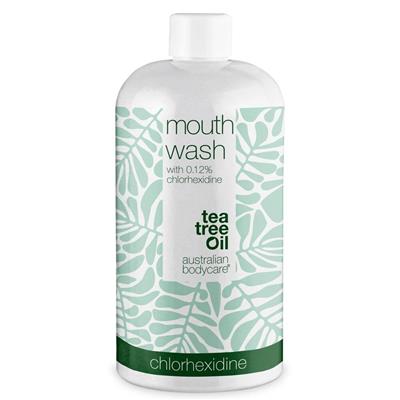 Klorhexidin mundskyl 0,12% med Tea Tree Oil . Mund
